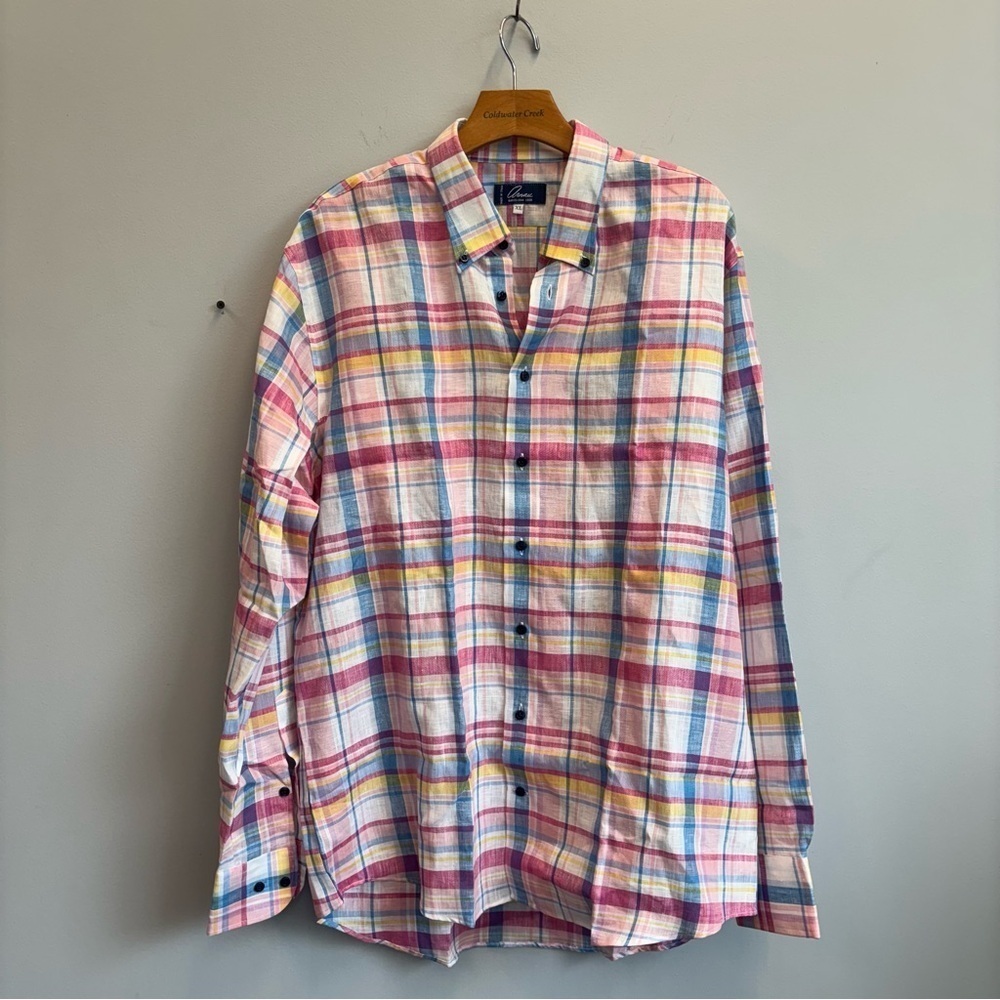 Arnau XL Linen Button‎ Down Shirt Pink Blue Plaid